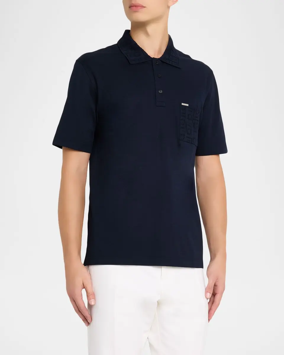 Ferragamo Men's Gancini Jacquard-Trim Cotton Pique Polo Shirt | Thumbnail 4