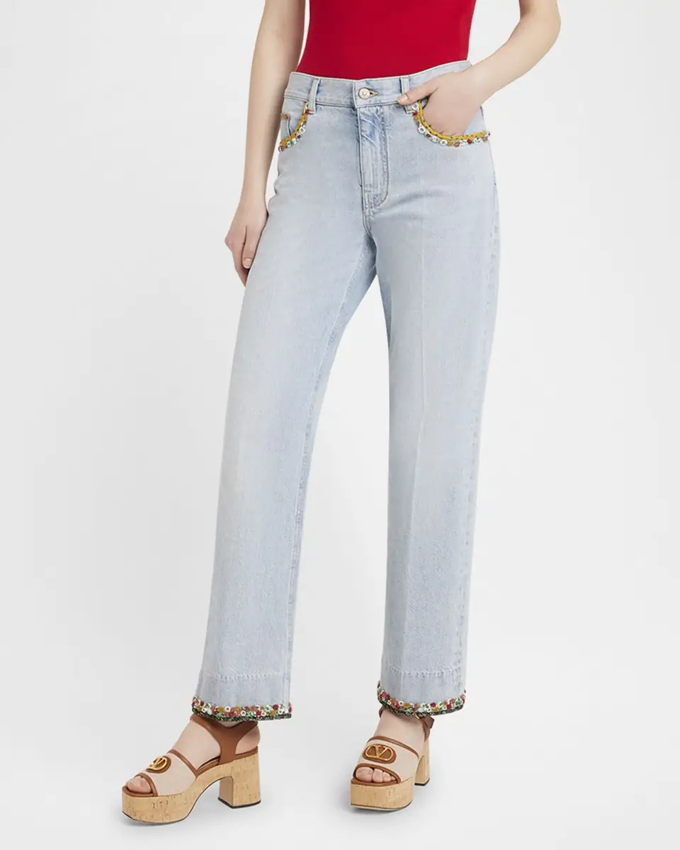 Valentino Garavani Embroidered Lightwash Denim Straight-Leg Pants | Thumbnail 4