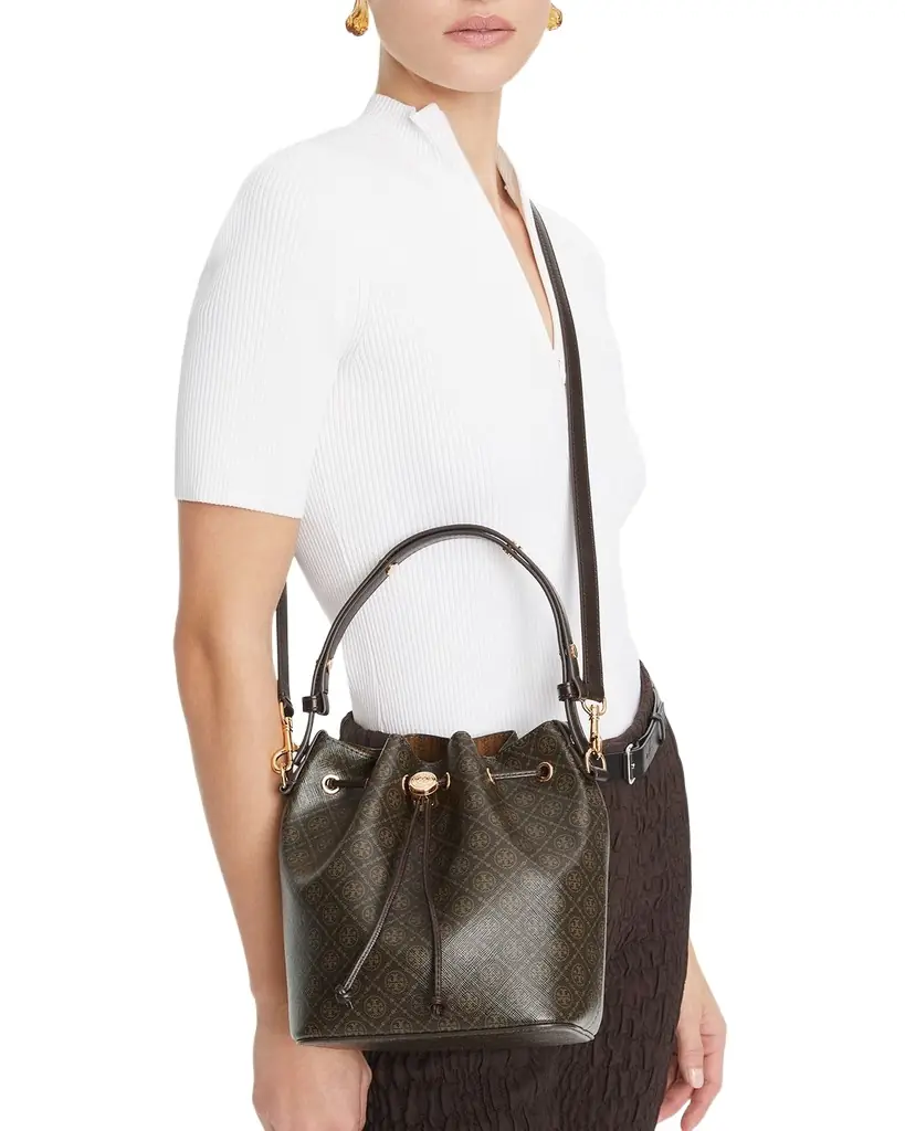 Tory Burch T Monogram Coated Canvas Bucket Bag | Image 1 Tory Burch T Monogram Coated Canvas Bucket Bag | Image 1