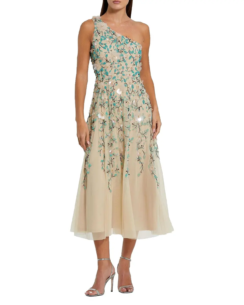 Mac Duggal Embellished Floral Mesh One-Shoulder Midi-Dress | Thumbnail 3 Mac Duggal Embellished Floral Mesh One-Shoulder Midi-Dress | Thumbnail 3