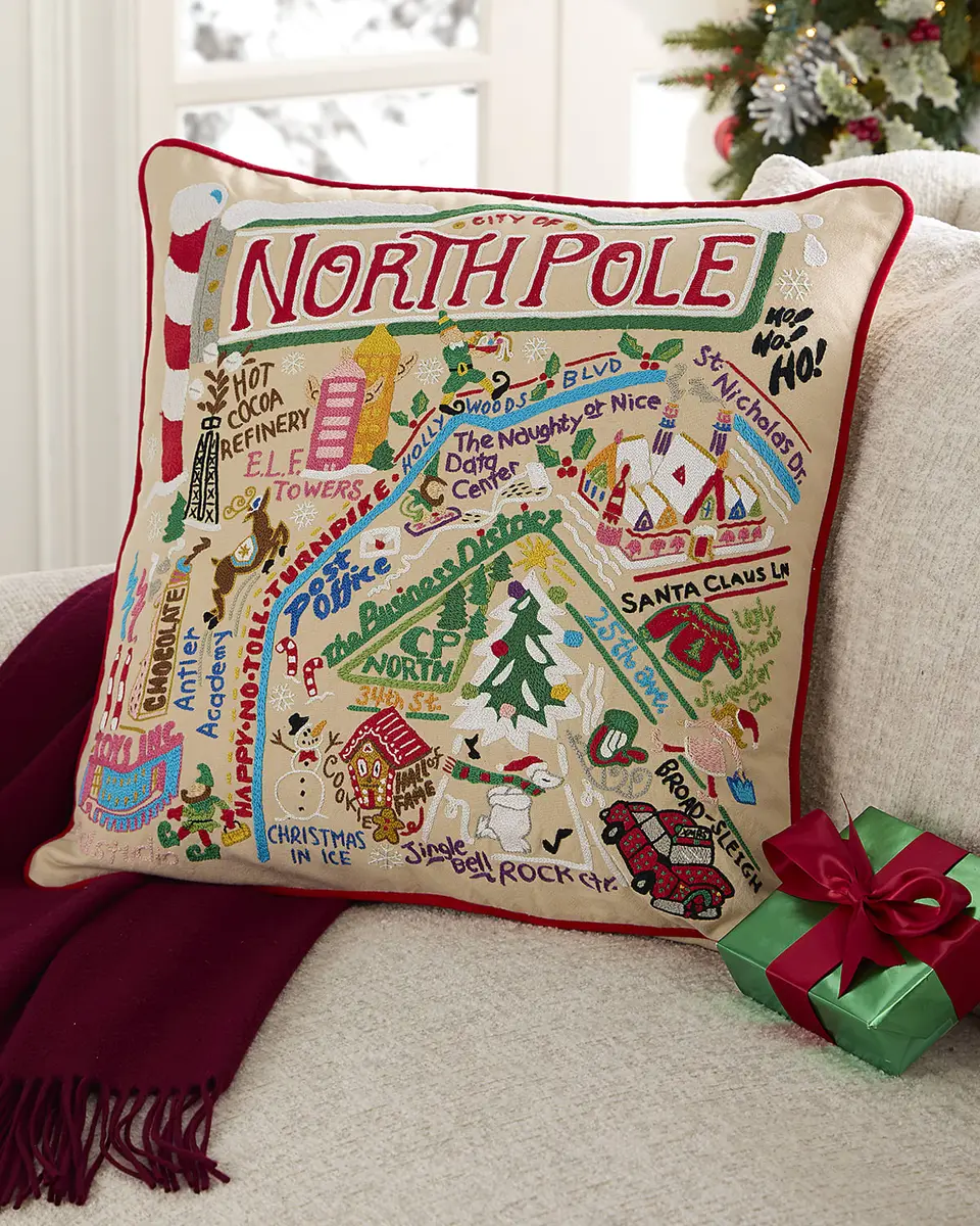 Catstudio North Pole City Hand-Embroidered Pillow, 20" Square | Image 1 Catstudio North Pole City Hand-Embroidered Pillow, 20" Square | Image 1