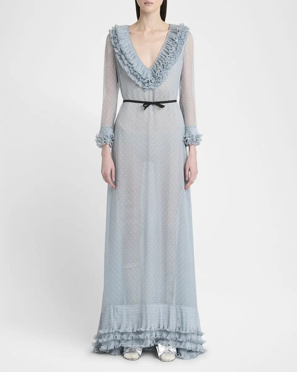 Valentino Garavani Polka Dot Layered Ruffle Sheer Gown with Ribbon | Thumbnail 2 Valentino Garavani Polka Dot Layered Ruffle Sheer Gown with Ribbon | Thumbnail 2