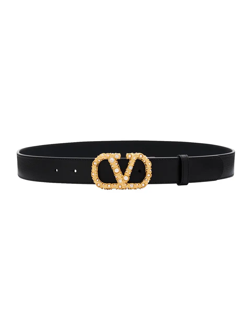 Valentino Garavani VLogo Signature Rhinestone & Faux Pearl Leather Belt, 30mm | Thumbnail 3