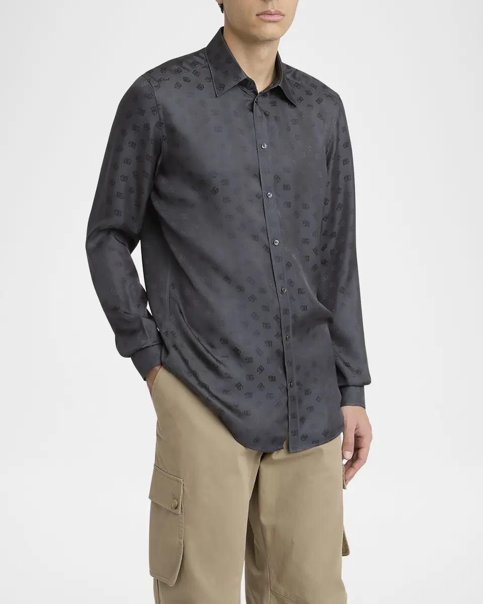 Dolce & Gabbana Men's Silk Jacquard Logo Martini-Fit Sport Shirt | Thumbnail 4 Dolce & Gabbana Men's Silk Jacquard Logo Martini-Fit Sport Shirt | Thumbnail 4