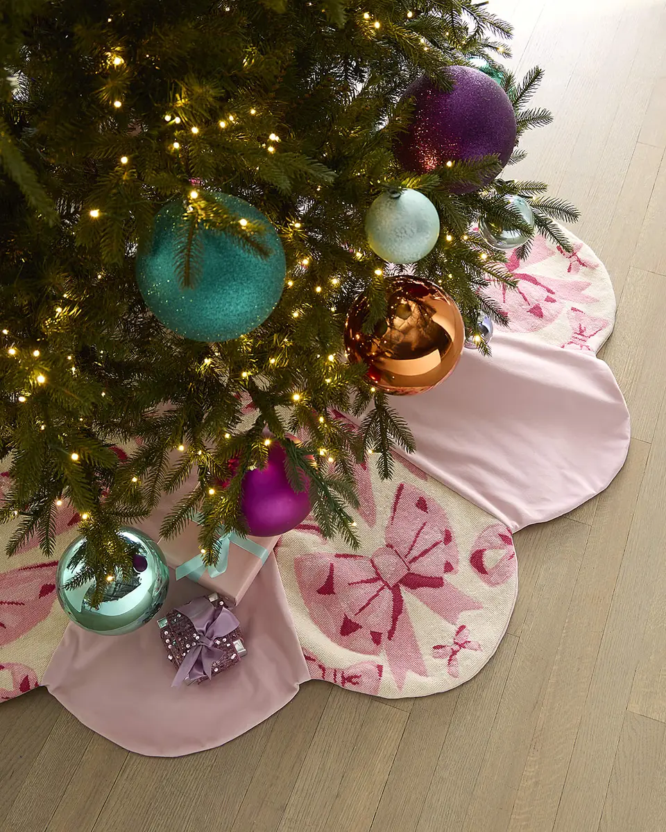 Bauble Stockings x Sainty Nelsen Hand-Stitched Pink Scallop Bow Christmas Tree Skirt, 60" | Image 1 Bauble Stockings x Sainty Nelsen Hand-Stitched Pink Scallop Bow Christmas Tree Skirt, 60" | Image 1