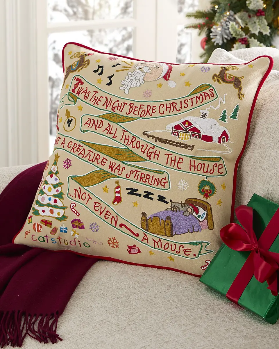 Catstudio Night Before Christmas Hand-Embroidered Pillow, 20" Square | Image 1 Catstudio Night Before Christmas Hand-Embroidered Pillow, 20" Square | Image 1