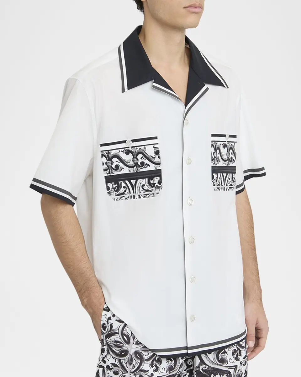 Dolce & Gabbana Men's Cotton Majolica Double-Pocket Camp Shirt | Thumbnail 4 Dolce & Gabbana Men's Cotton Majolica Double-Pocket Camp Shirt | Thumbnail 4