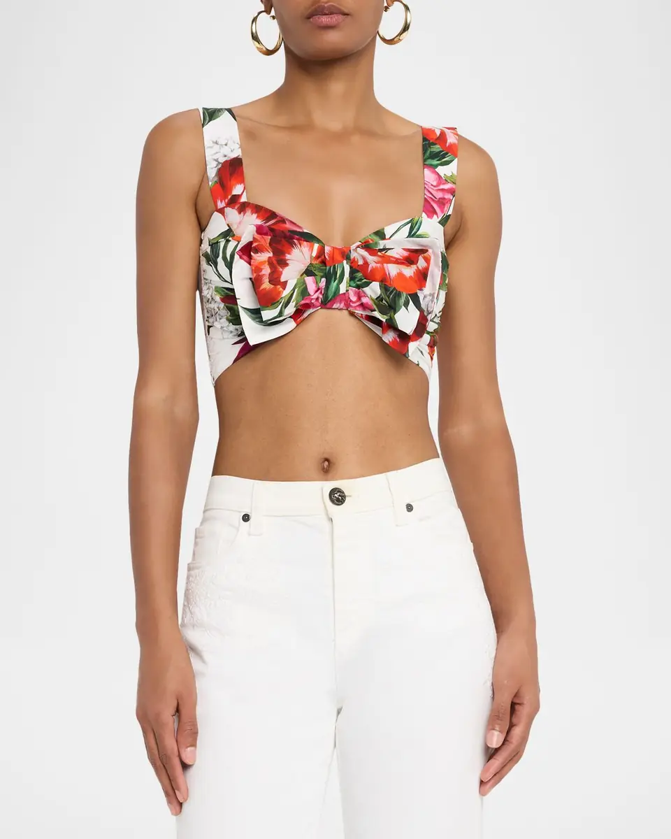 Dolce & Gabbana Anemone Lilly-Print Popeline Bow Crop Top | Thumbnail 4