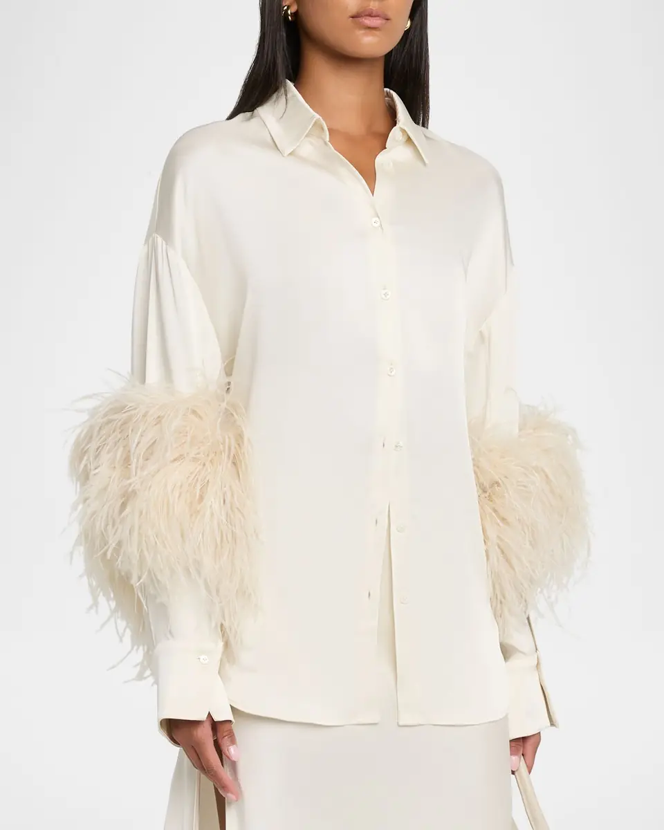 LAPOINTE Satin Button-Down Blouse With Feather Trim | Thumbnail 4 LAPOINTE Satin Button-Down Blouse With Feather Trim | Thumbnail 4