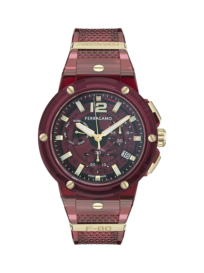 Ferragamo F-80 44mm Translucent Burgundy Bioplastic Chronograph Watch