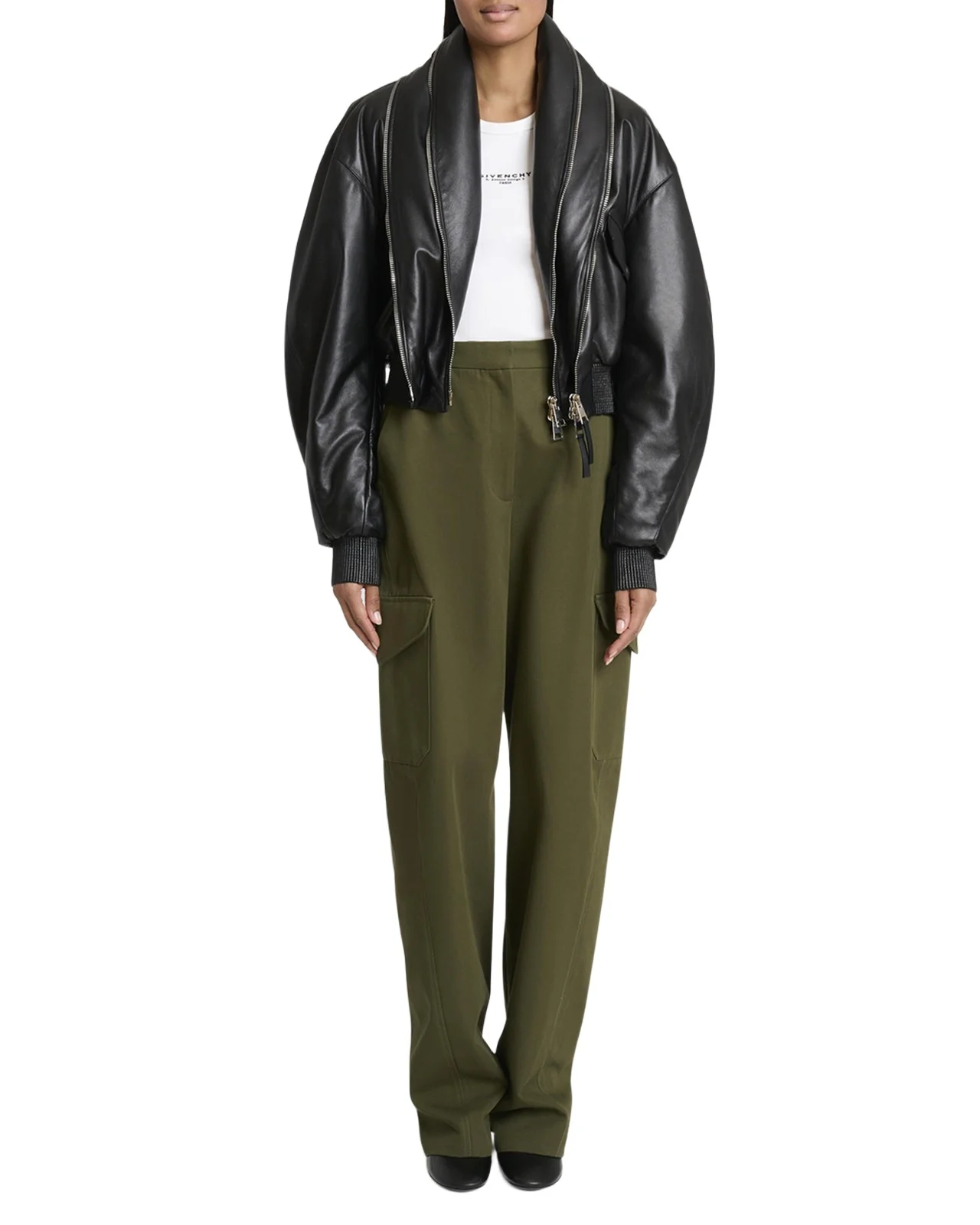 Double Shawl-Collar Leather Crop Bomber Jacket Double Shawl-Collar Leather Crop Bomber Jacket