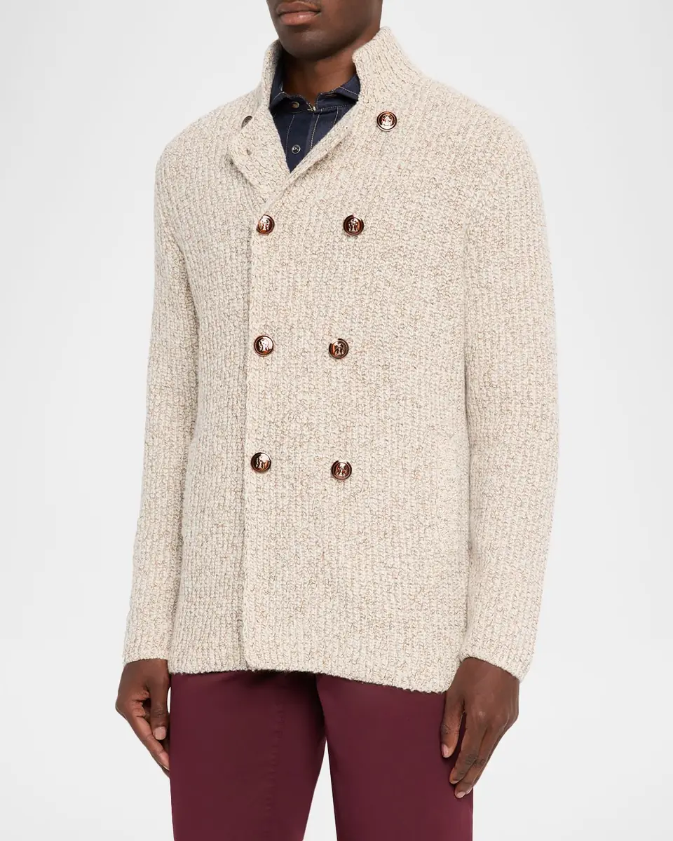 Brunello Cucinelli Men's Wool, Silk, and Cashmere Double-Breasted Cardigan | Thumbnail 4