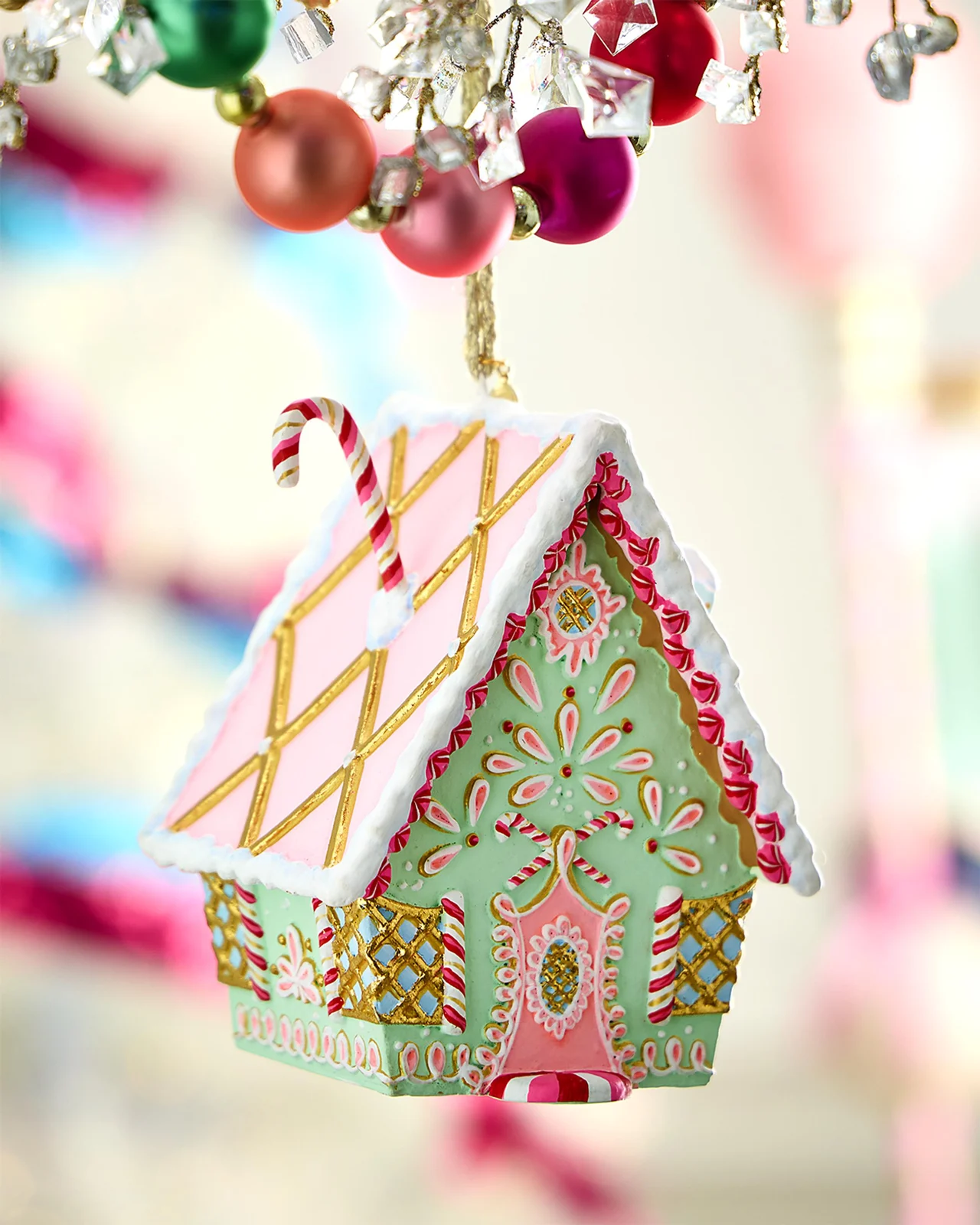 Glitterville Rainbow Gingerbread Cottage Christmas Ornament