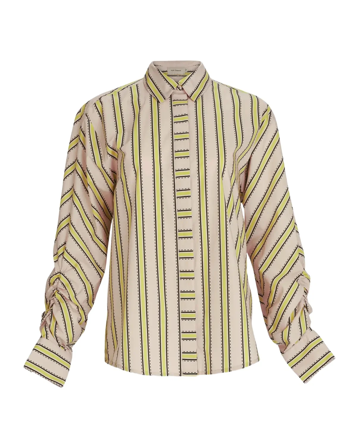 Caritina Striped Ruched-Sleeve Button-Down Blouse Caritina Striped Ruched-Sleeve Button-Down Blouse