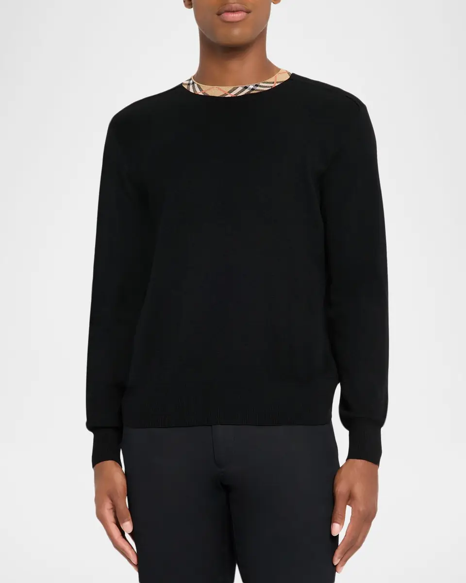 Burberry Men's Check-Trim Wool Crewneck Sweater | Thumbnail 4 Burberry Men's Check-Trim Wool Crewneck Sweater | Thumbnail 4