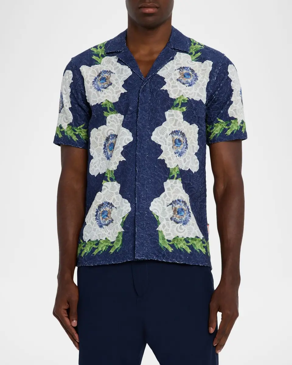 Orlebar Brown Men's Broderie Anglaise Embroidered Relaxed-Fit Camp Shirt | Thumbnail 4