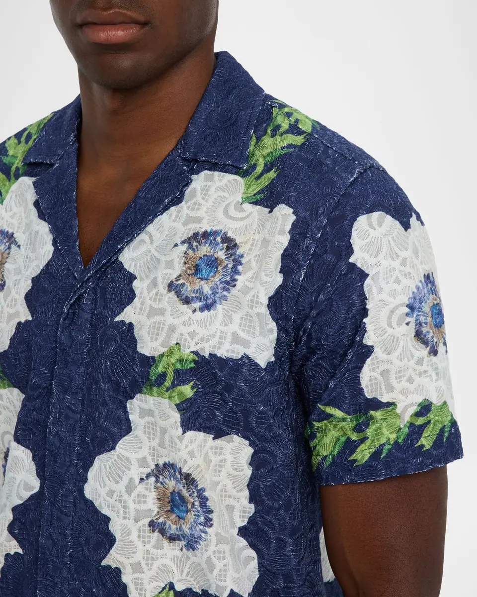 Orlebar Brown Men's Broderie Anglaise Embroidered Relaxed-Fit Camp Shirt | Thumbnail 5