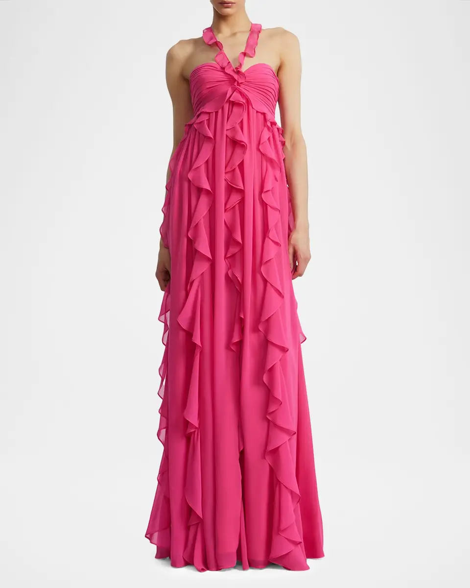 BCBGMAXAZRIA Ruffle Chiffon Halter Gown | Thumbnail 2 BCBGMAXAZRIA Ruffle Chiffon Halter Gown | Thumbnail 2