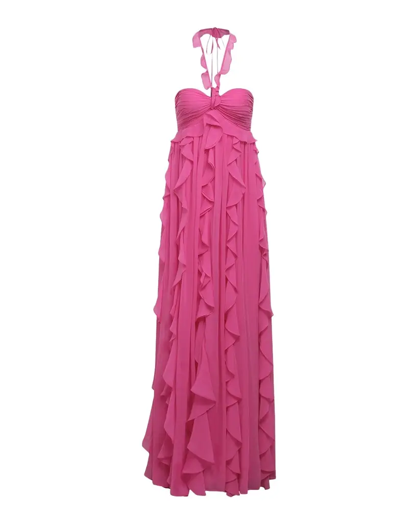 BCBGMAXAZRIA Ruffle Chiffon Halter Gown