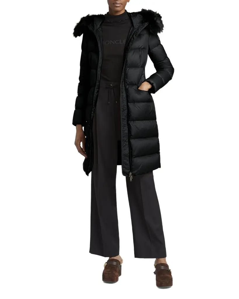 Moncler Boedic Long Down Coat with Detachable Shearling Trim | Image 1 Moncler Boedic Long Down Coat with Detachable Shearling Trim | Image 1
