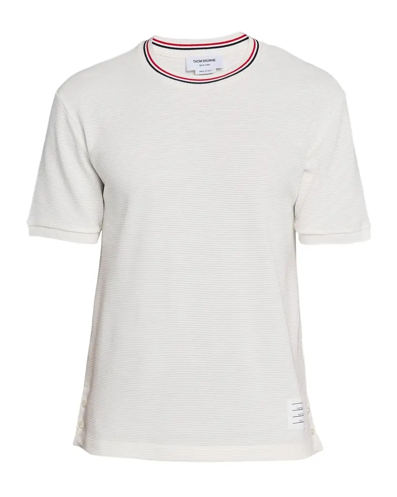 Thom Browne Men's Stripe-Neck Trim Waffle Knit T-Shirt | Image 1 Thom Browne Men's Stripe-Neck Trim Waffle Knit T-Shirt | Image 1
