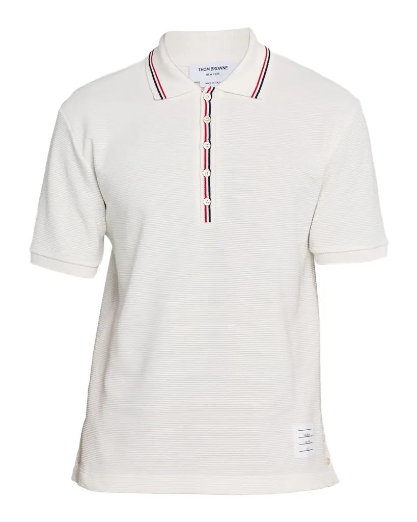 Thom Browne Men's Grosgrain-Trim Waffle Knit Polo Shirt | Image 1 Thom Browne Men's Grosgrain-Trim Waffle Knit Polo Shirt | Image 1