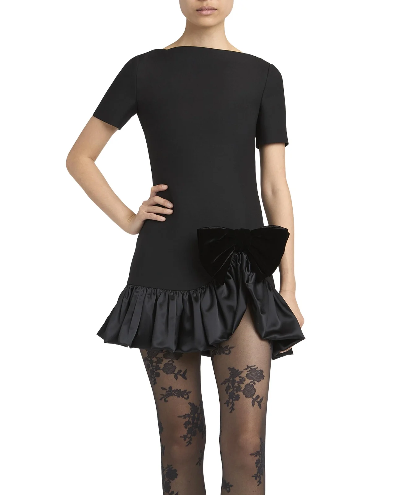 Velvet Bow Ruffle Short-Sleeve Mini Dress