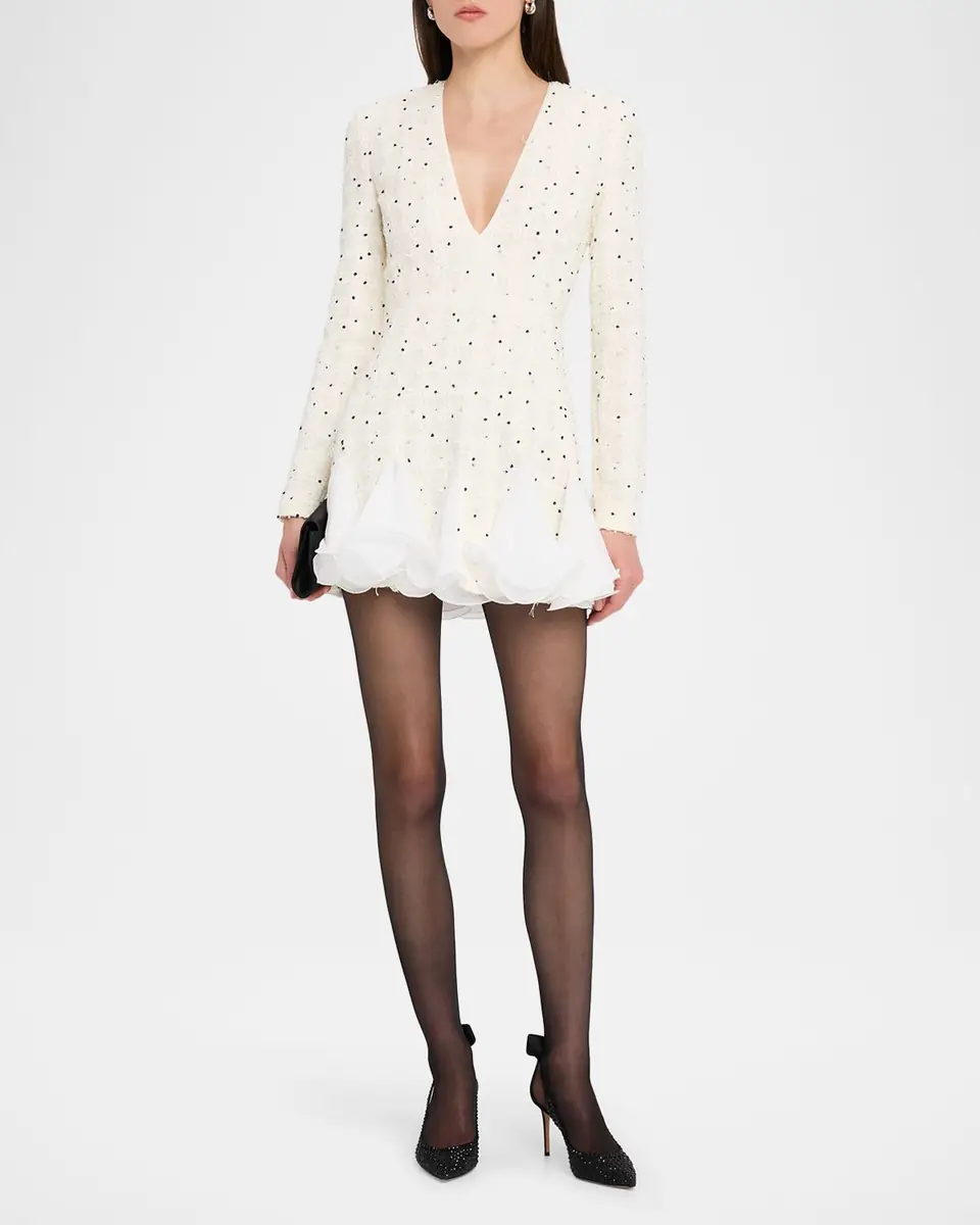 Giambattista Valli Polka-Dot Boucle Long-Sleeve Godet Mini Dress | Thumbnail 2 Giambattista Valli Polka-Dot Boucle Long-Sleeve Godet Mini Dress | Thumbnail 2