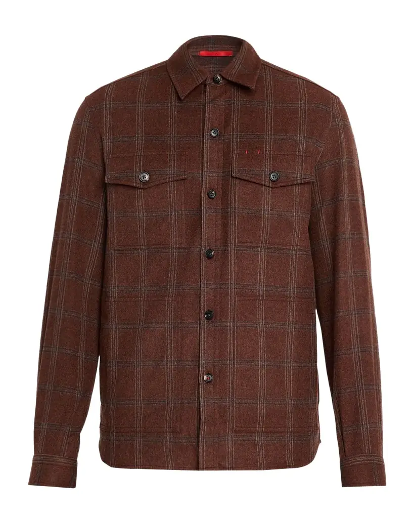 Isaia Men's Wool and Cashmere Windowpane Check Overshirt | Image 1 Isaia Men's Wool and Cashmere Windowpane Check Overshirt | Image 1
