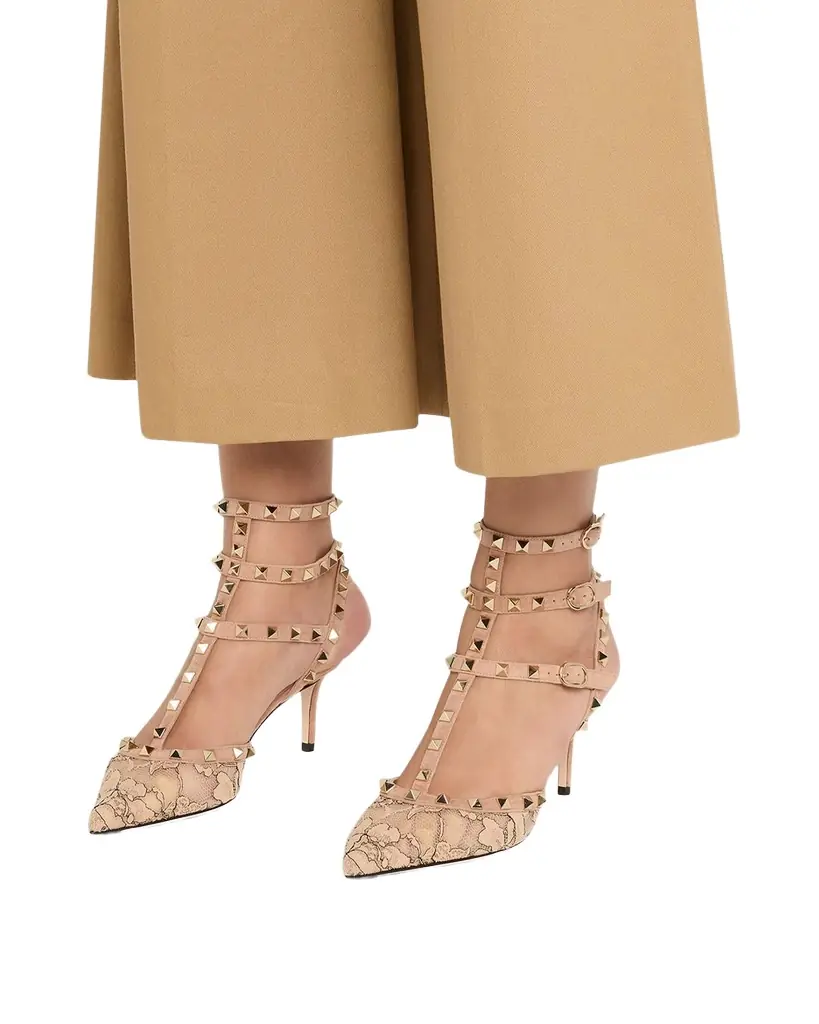 Valentino Garavani 65mm Rockstud Lace Ankle-Strap Pumps | Image 1 Valentino Garavani 65mm Rockstud Lace Ankle-Strap Pumps | Image 1