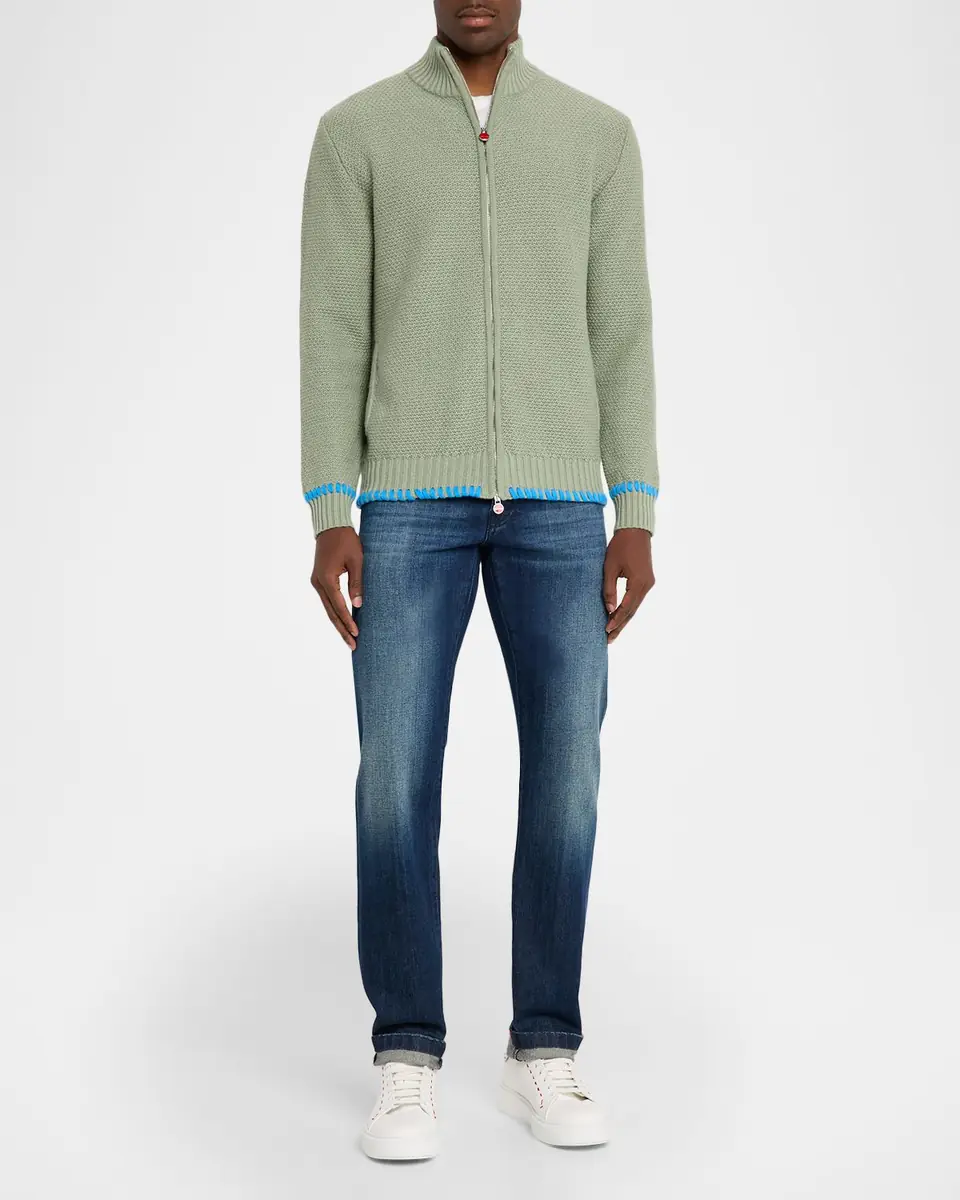 Kiton Men's Cashmere Contrast-Weave Full-Zip Sweater | Thumbnail 2