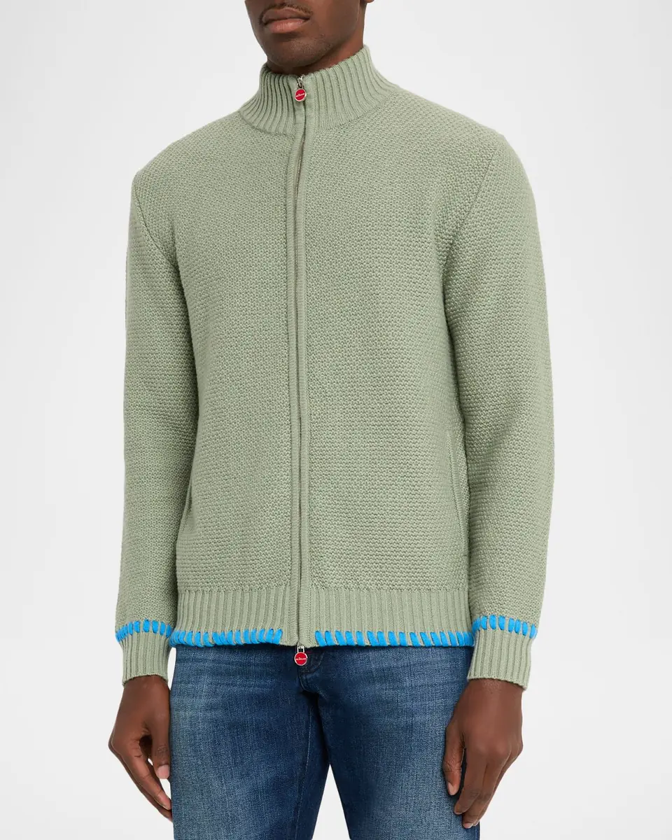 Kiton Men's Cashmere Contrast-Weave Full-Zip Sweater | Thumbnail 4