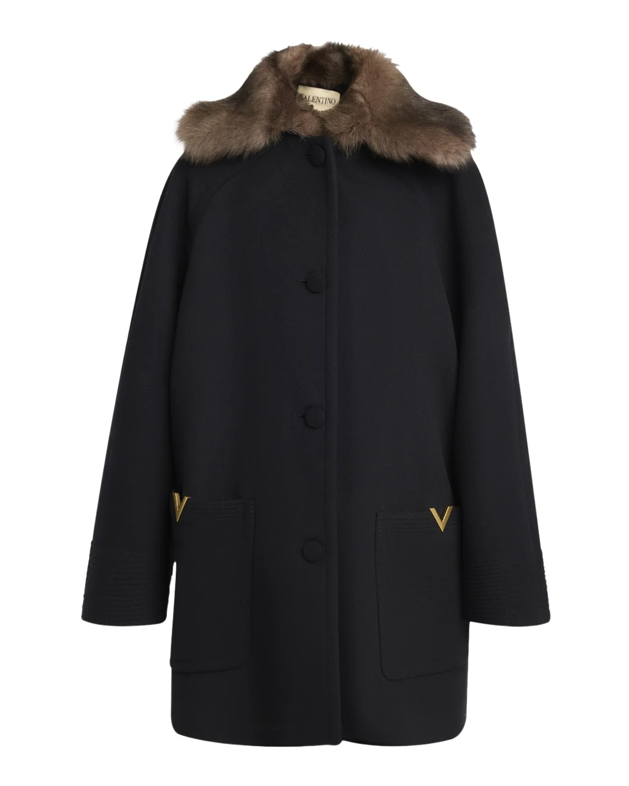 Valentino Garavani Sheep Shearling Collar Single-Breasted Wool Coat