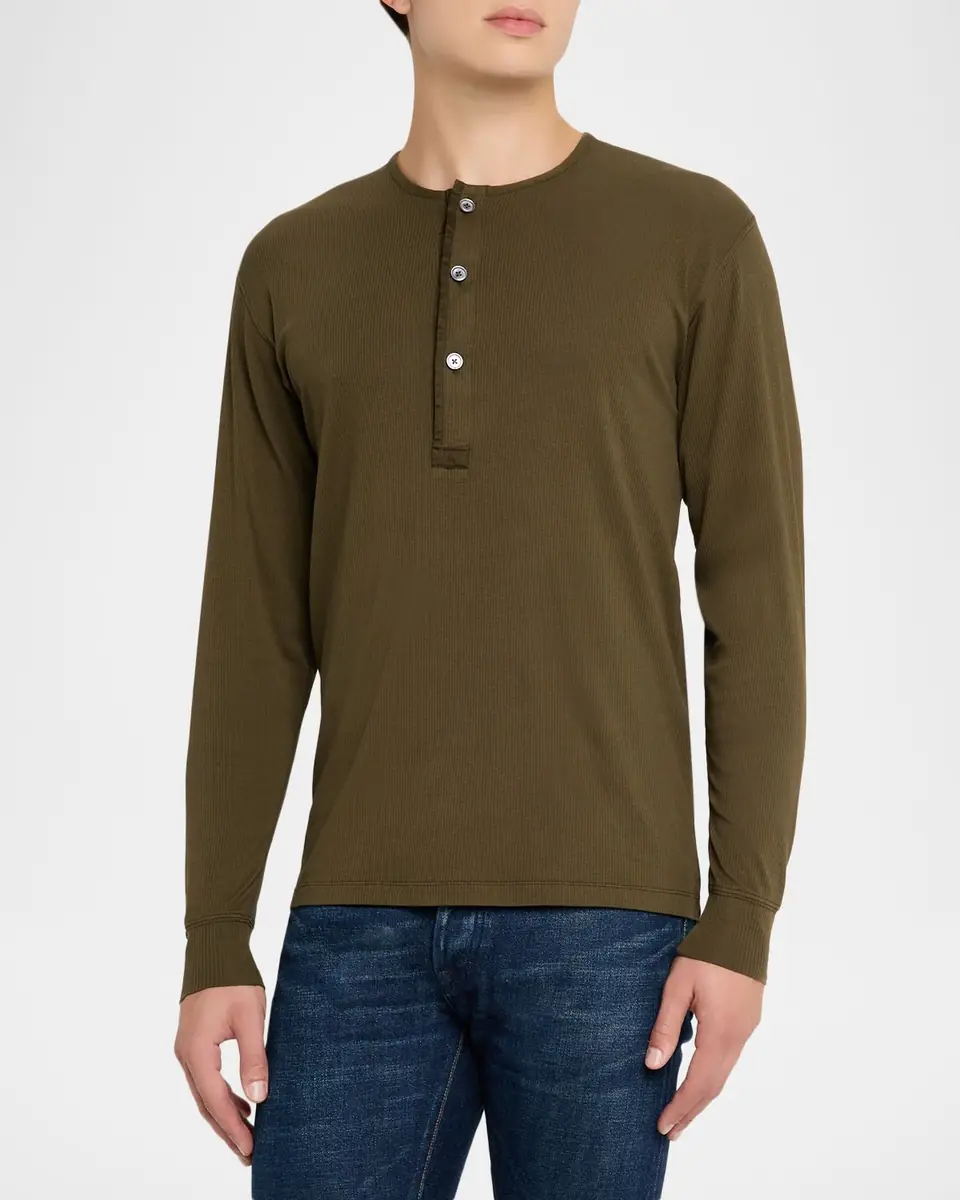TOM FORD Men's Ribbed Long-Sleeve Henley Tee | Thumbnail 3 TOM FORD Men's Ribbed Long-Sleeve Henley Tee | Thumbnail 3