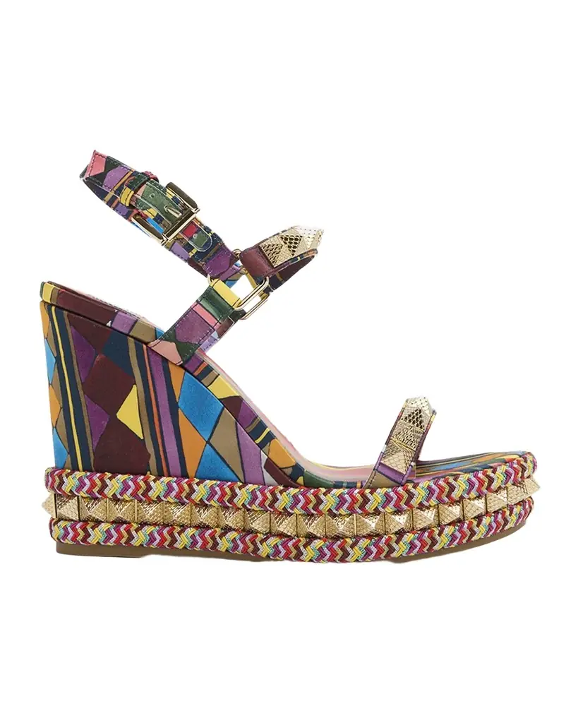 Christian Louboutin 100mm Pyraclou Satin Spike Wedge Sandals | Image 1 Christian Louboutin 100mm Pyraclou Satin Spike Wedge Sandals | Image 1