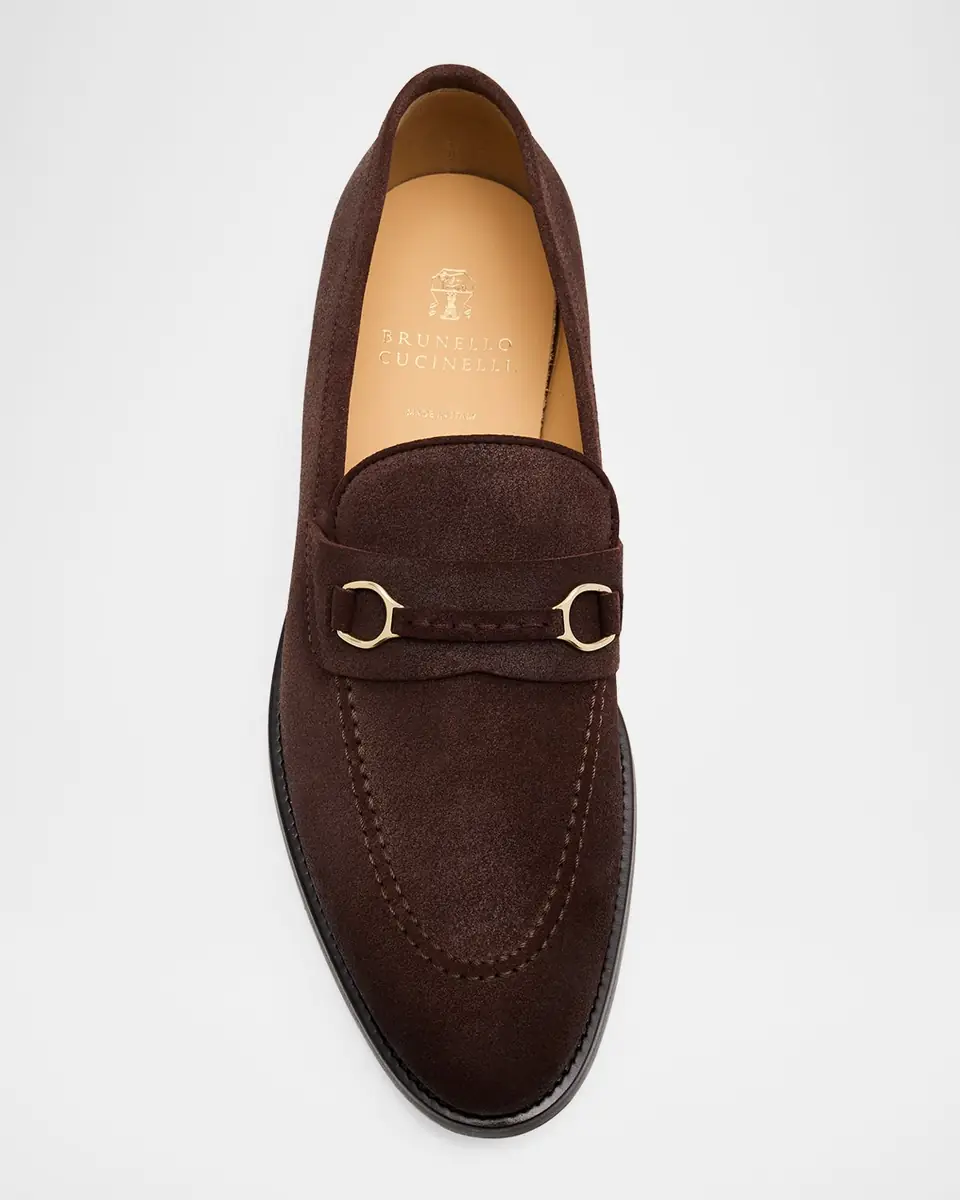 Brunello Cucinelli Men's Oiled Suede Bit Loafers | Thumbnail 6