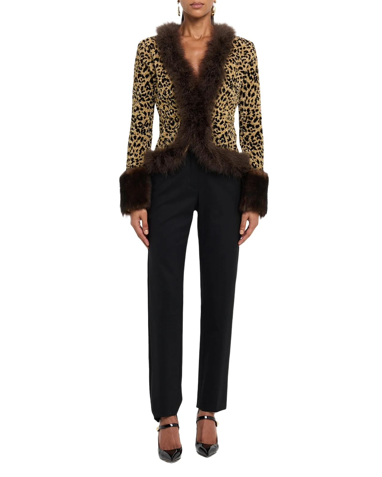 Valentino Garavani Feather and Lamb Shearling Trim Metallic Leopard Jacket
