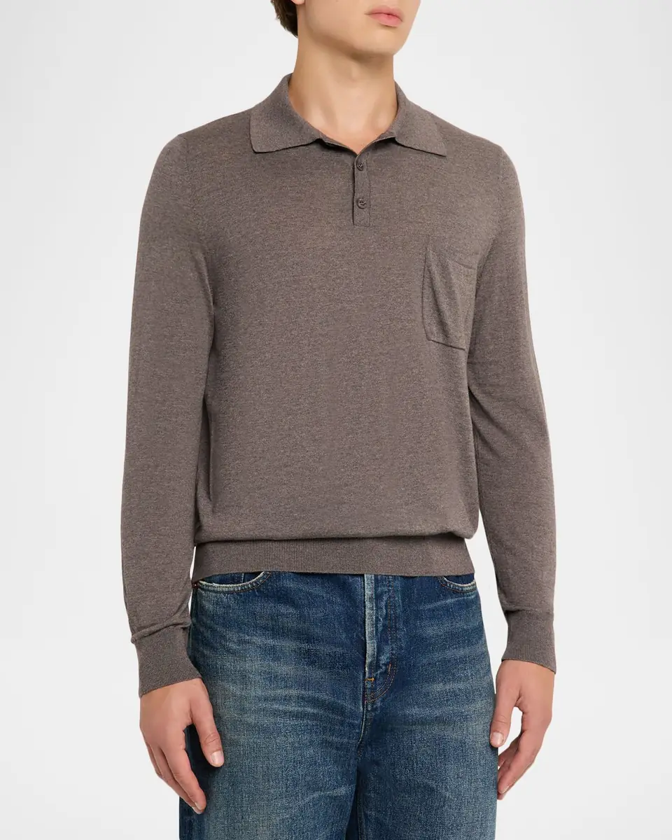 Saint Laurent Men's Fine Wool Knit Pocket Polo Sweater | Thumbnail 4 Saint Laurent Men's Fine Wool Knit Pocket Polo Sweater | Thumbnail 4