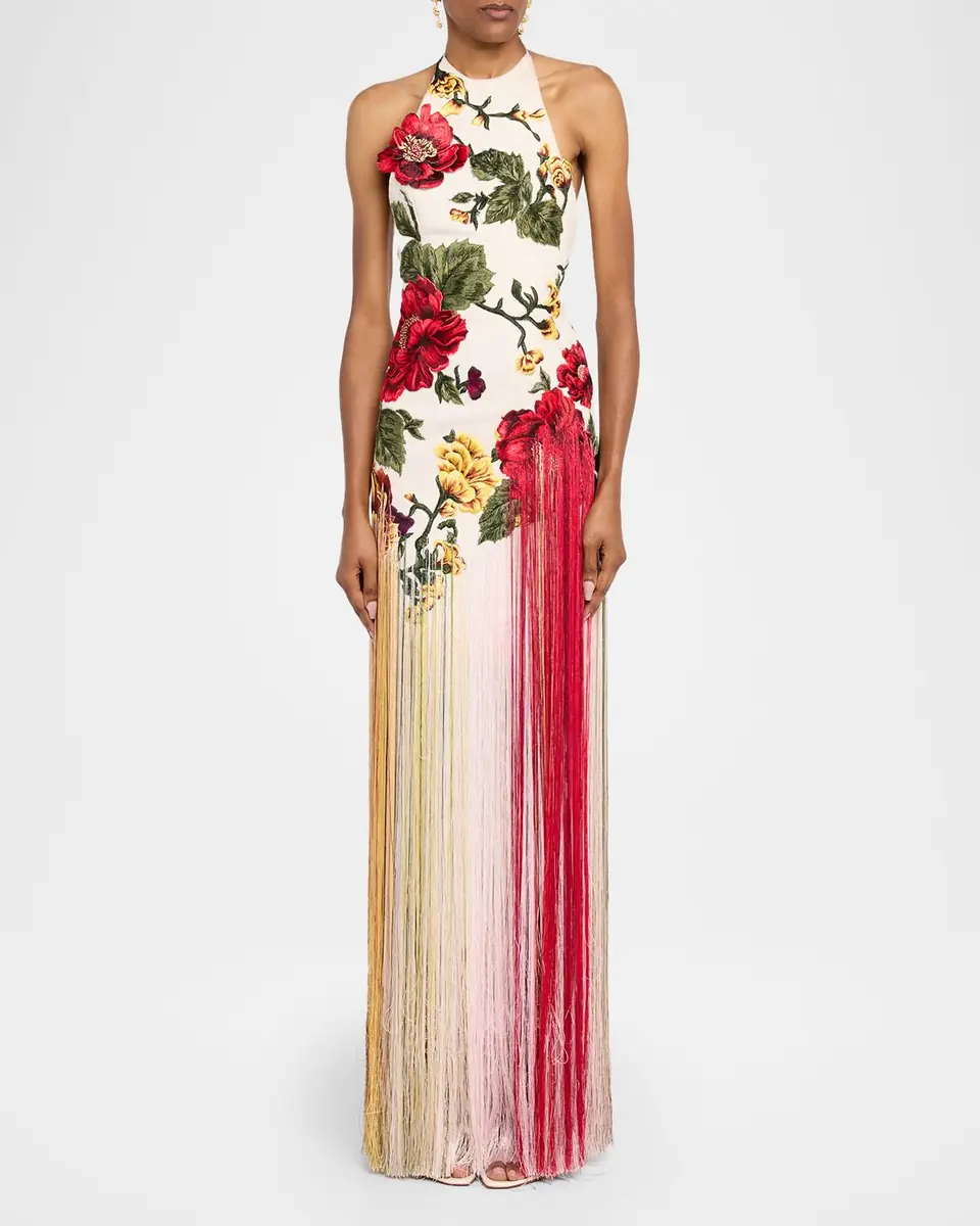 Oscar de la Renta Halter Neck Embroidered Tulle Gown | Thumbnail 2