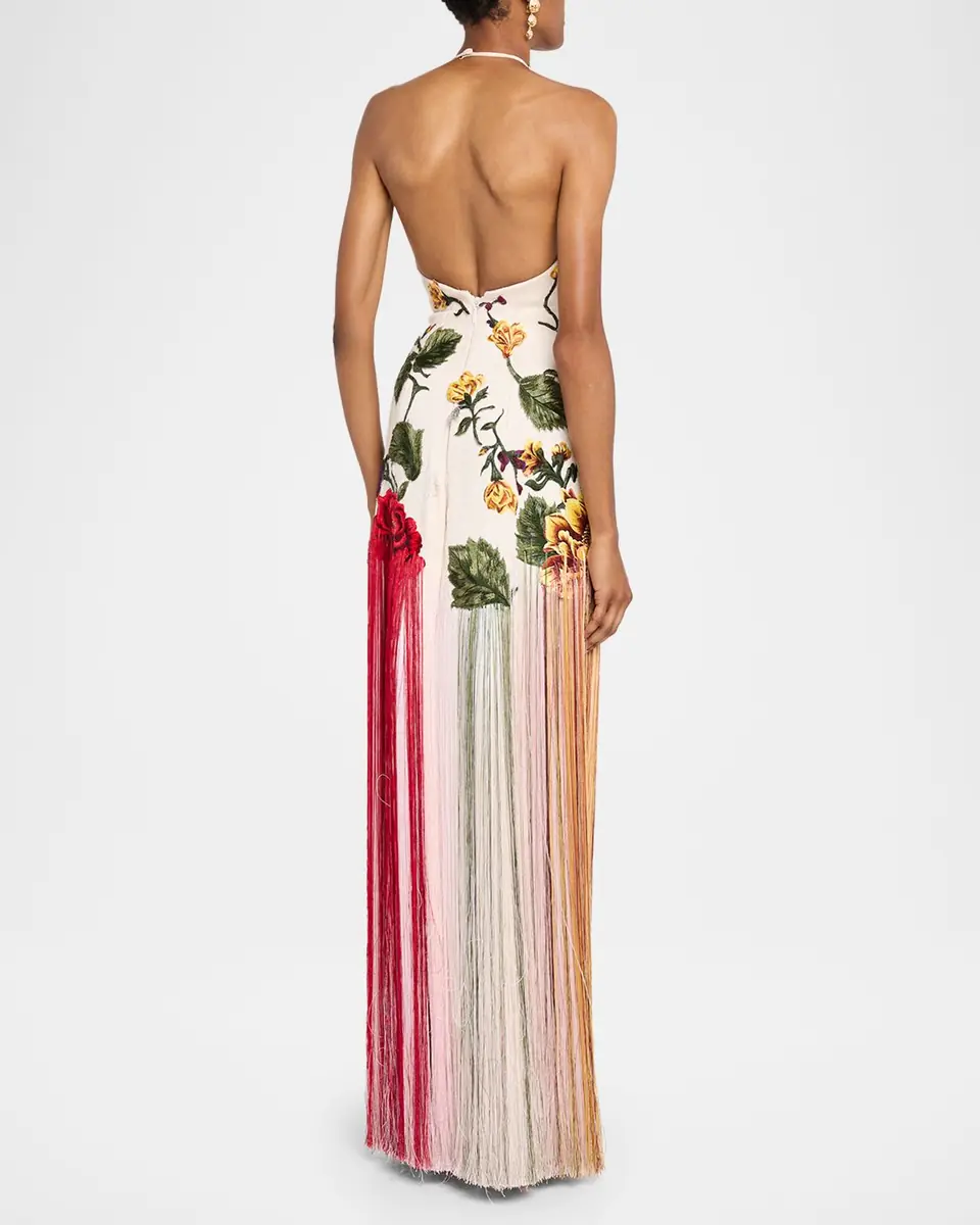 Oscar de la Renta Halter Neck Embroidered Tulle Gown | Thumbnail 3