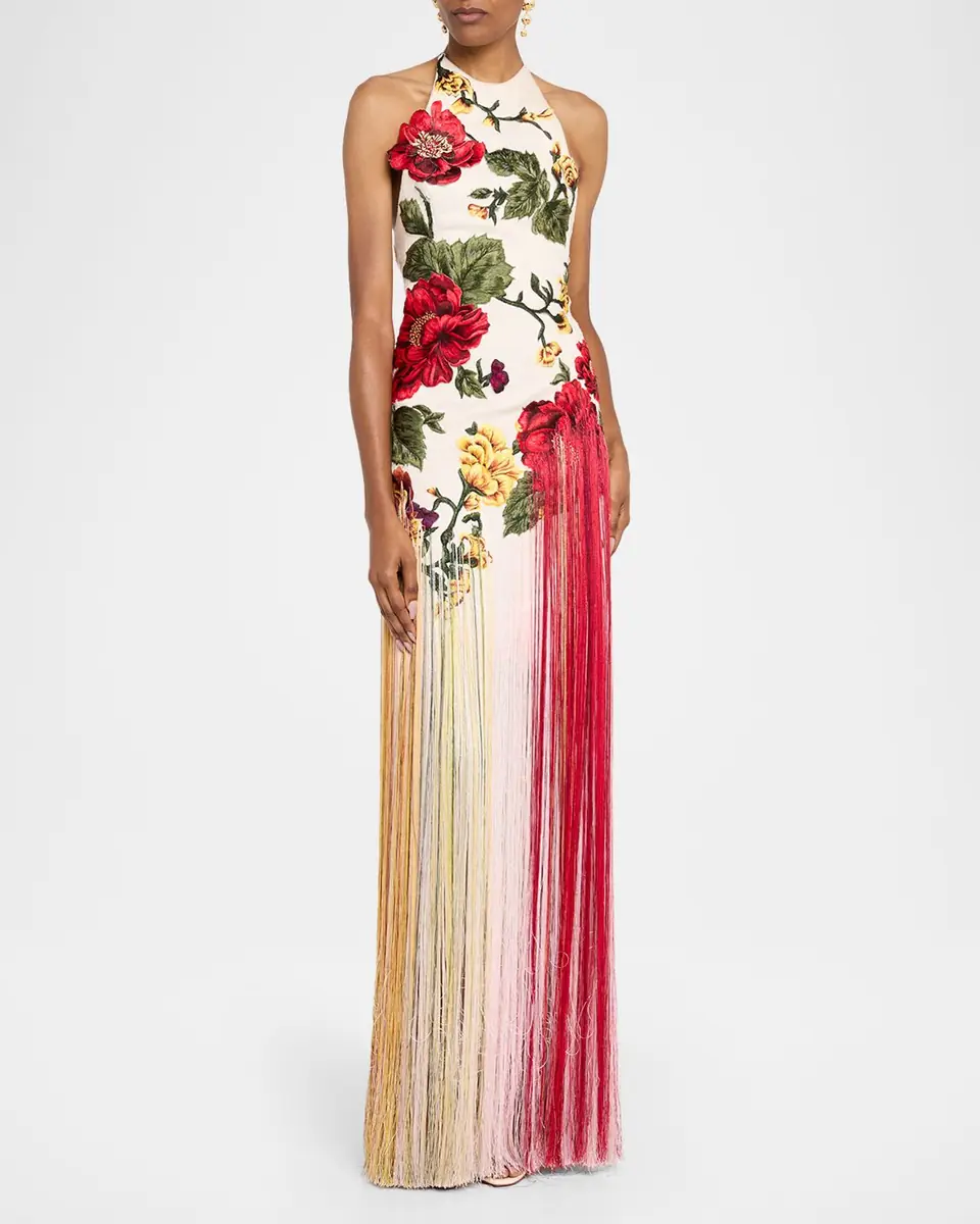Oscar de la Renta Halter Neck Embroidered Tulle Gown | Thumbnail 4