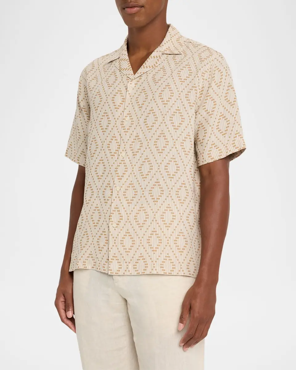 Frescobol Carioca Men's Roberto Linen Angra Raffia-Print Camp Shirt | Thumbnail 3 Frescobol Carioca Men's Roberto Linen Angra Raffia-Print Camp Shirt | Thumbnail 3