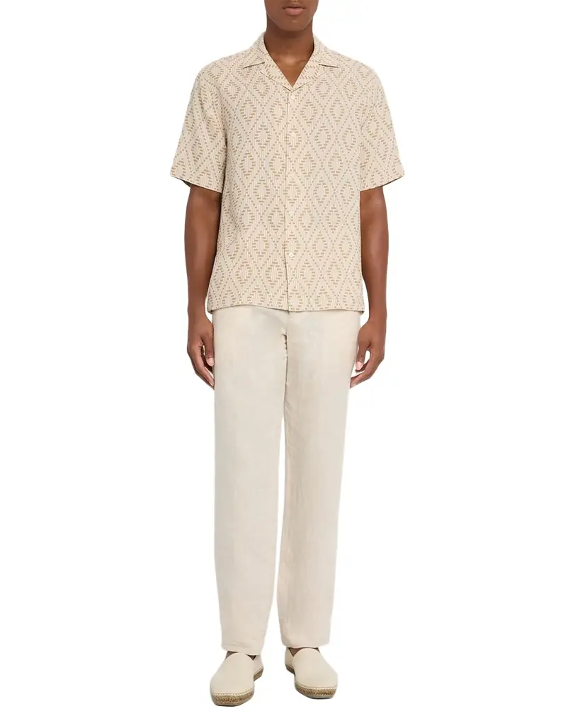 Men's Roberto Linen Angra Raffia-Print Camp Shirt
