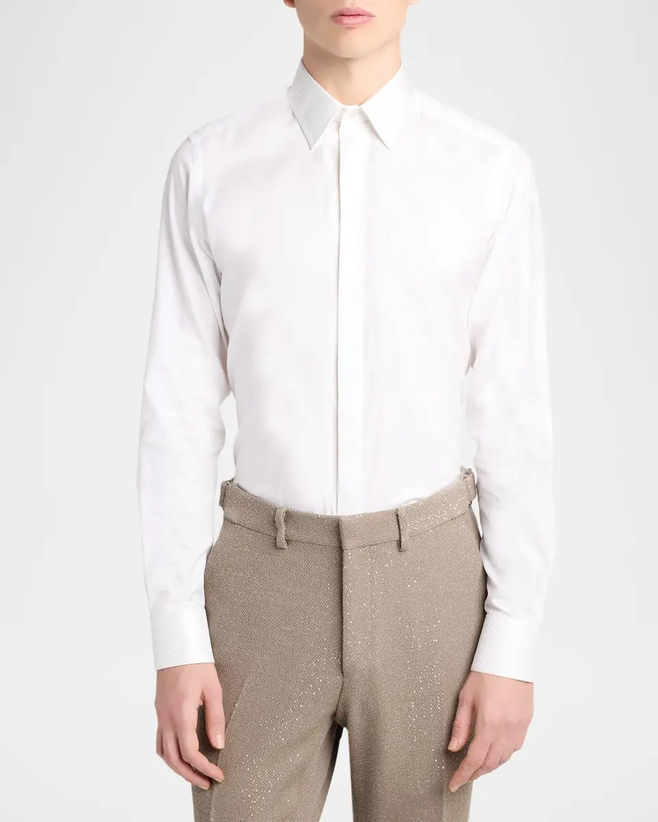 TOM FORD Men's Cotton and Silk Jacquard-Trim Dress Shirt | Thumbnail 4 TOM FORD Men's Cotton and Silk Jacquard-Trim Dress Shirt | Thumbnail 4