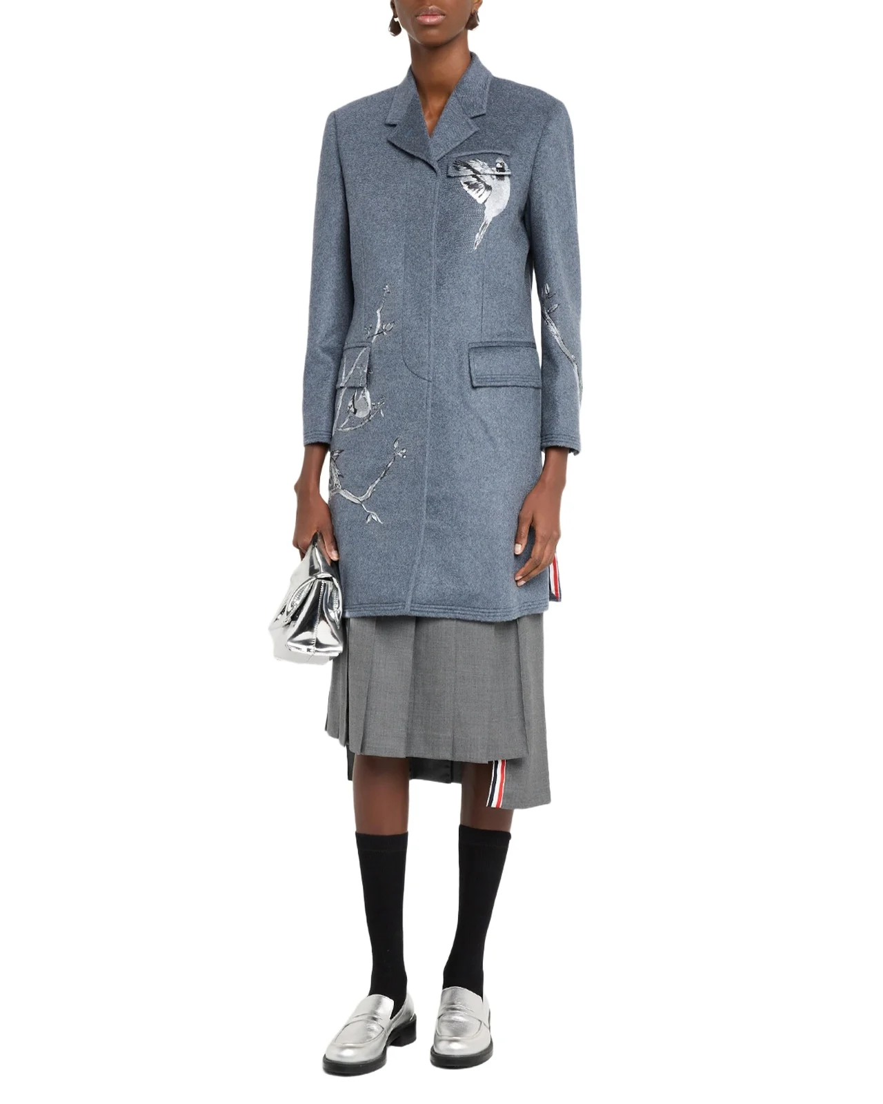 Metallic Embroidered Single-Breasted Cashmere Overcoat