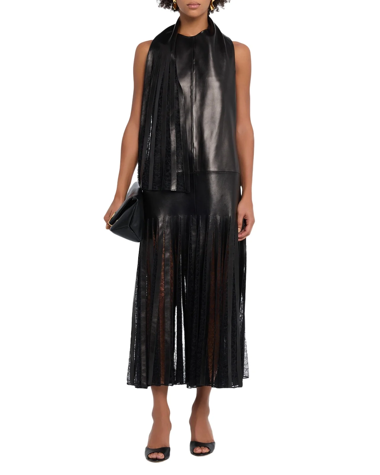 The Blythe Lace-Inset Scarf-Neck Leather Maxi Dress The Blythe Lace-Inset Scarf-Neck Leather Maxi Dress