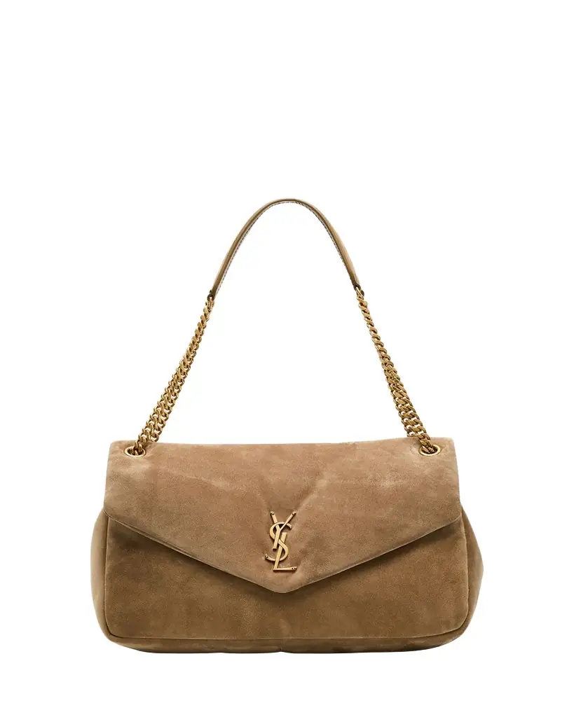 Saint Laurent Calypso Large YSL Chain Shoulder Bag in Suede | Image 1 Saint Laurent Calypso Large YSL Chain Shoulder Bag in Suede | Image 1