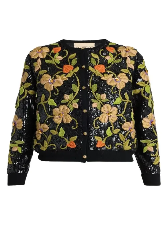 Sequined Floral Embroidered Crewneck Cardigan