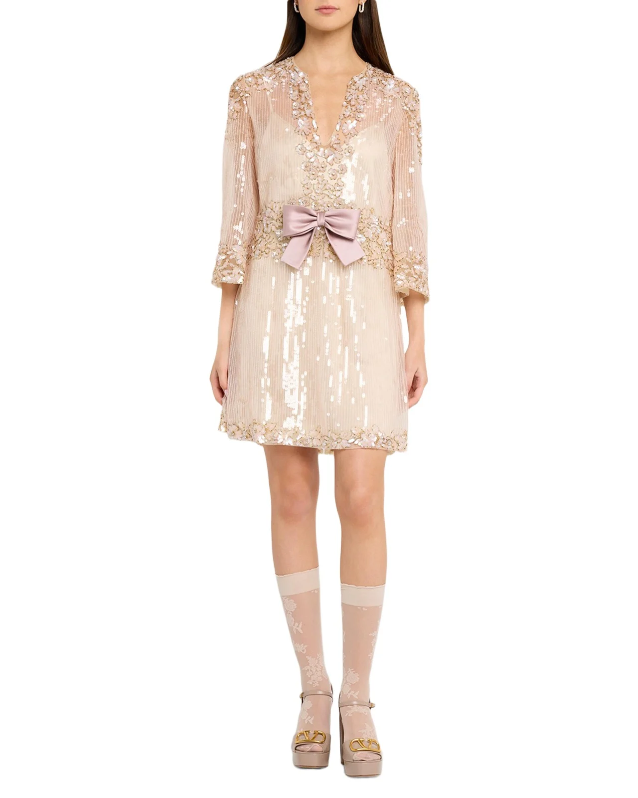 Bow-Front Long-Sleeve Sequined Tulle Mini Dress Bow-Front Long-Sleeve Sequined Tulle Mini Dress