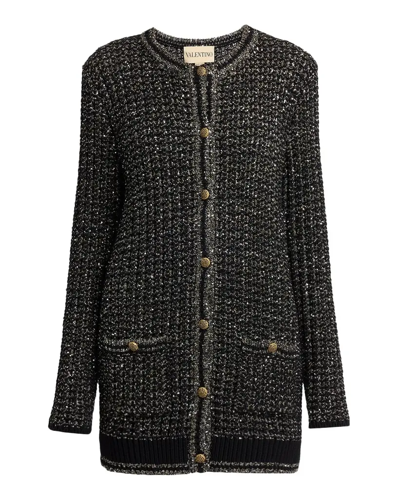 Valentino Garavani Paillette Knit Long Crewneck Cardigan | Image 1 Valentino Garavani Paillette Knit Long Crewneck Cardigan | Image 1